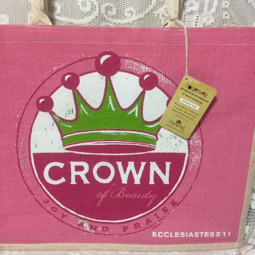 Christian reusable jute tote bag Bible Verse on the bottom. Praise, Joy